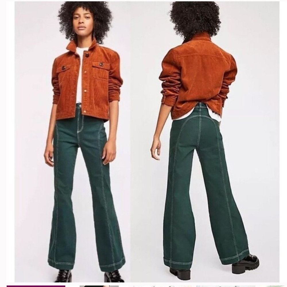New! Free People High Rise Foxy Forest Green Flare Jeans 70s Retro Size 26